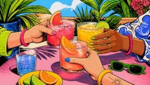 Outdoor drinking scene with friends enjoying drinks on sunny day