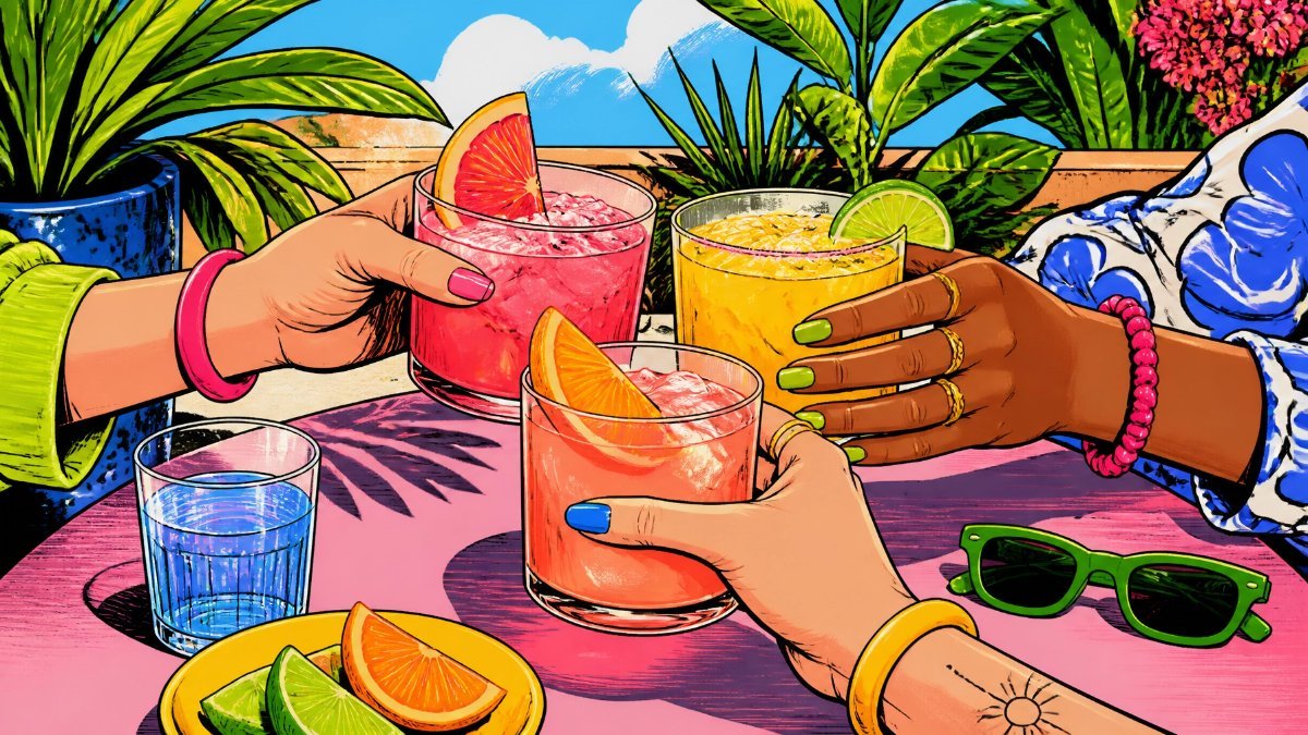 Outdoor drinking scene with friends enjoying drinks on sunny day