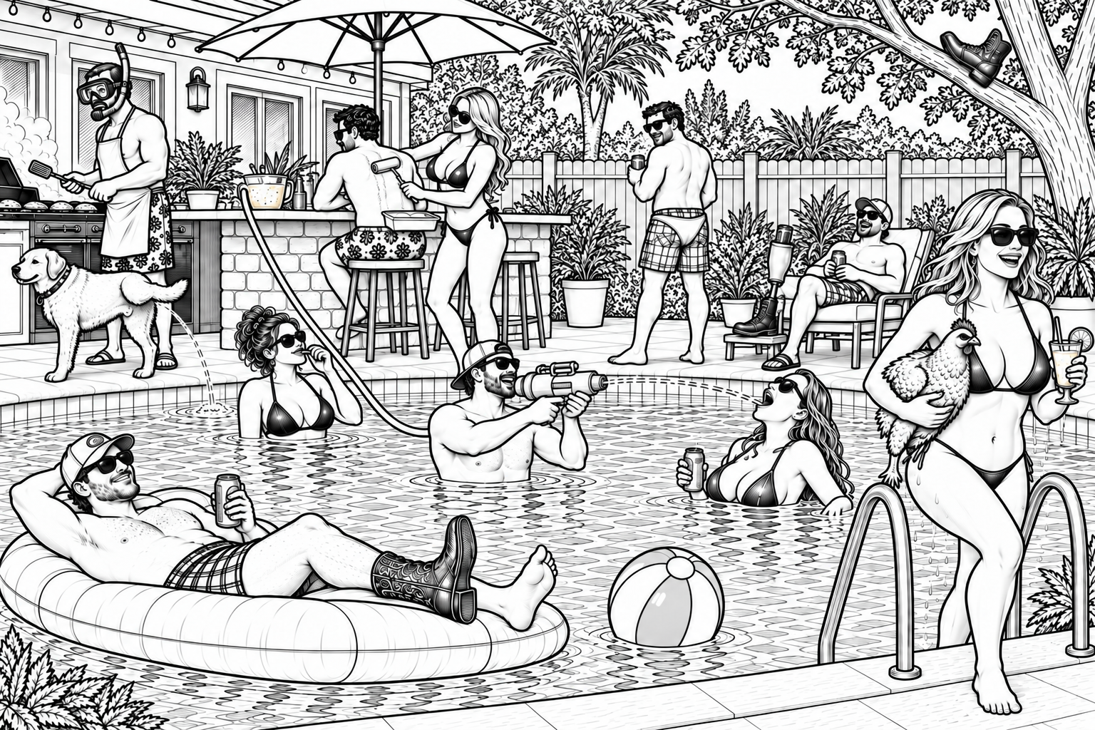 Pool party coloring page preview