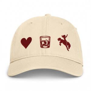 Coastal washed women's hat with embroidered heart whiskey glass and bucking cowboy icons