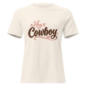 Natural women’s boxy tee with Hey Cowboy vintage Western script graphic - natural