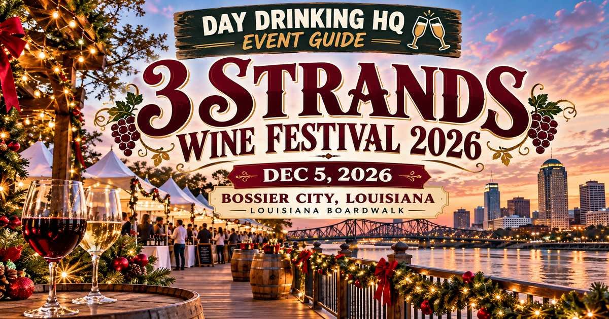 3 Strands Wine Festival 2026 holiday wine tasting poster at Louisiana Boardwalk Bossier City