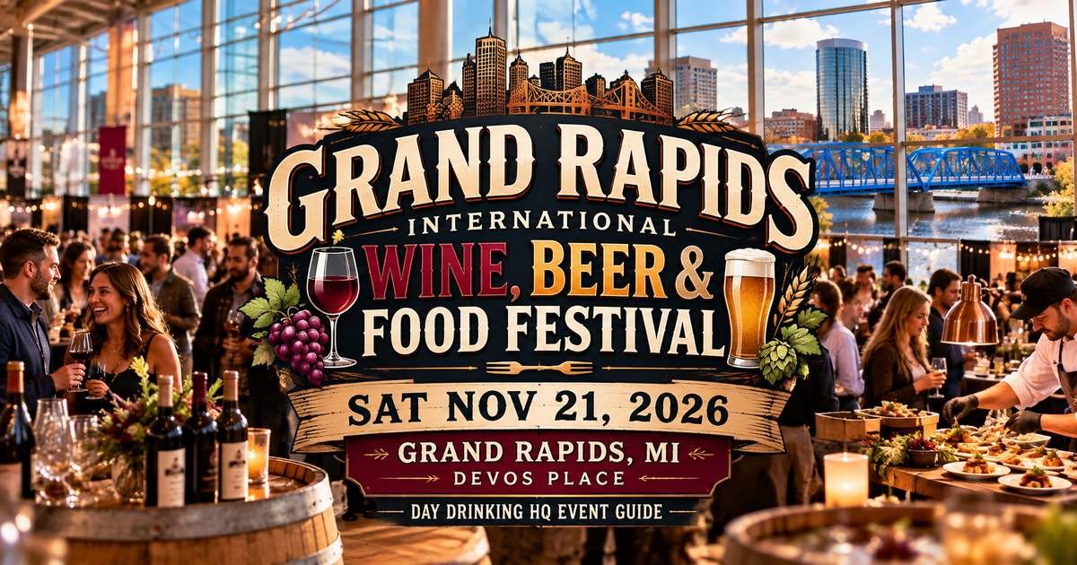 Grand Rapids International Wine Beer and Food Festival 2026 poster with city bridge
