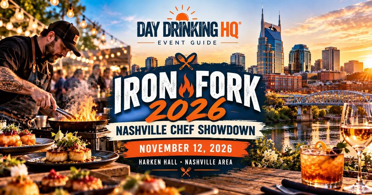 DayDrinkingHQ Iron Fork 2026 chef competition event graphic with Nashville skyline
